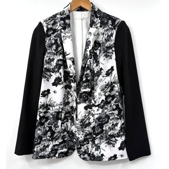 T Tahari Floral Blazer Colorblock Single Button Closure White‎ Black Size 8 - Picture 1 of 8